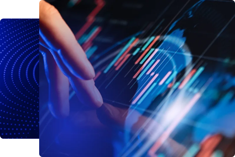 A close-up of a hand interacting with a digital touchscreen displaying colorful analytics charts and data visualizations, overlaid on a world map, representing advanced data analysis and business intelligence—ideal for Spotfire consulting and training contexts.