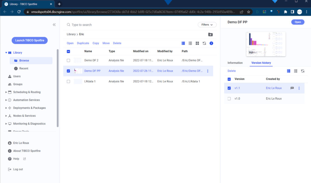 TIBCO Spotfire Library—version history panel displaying analysis file versions for pruning and governance.